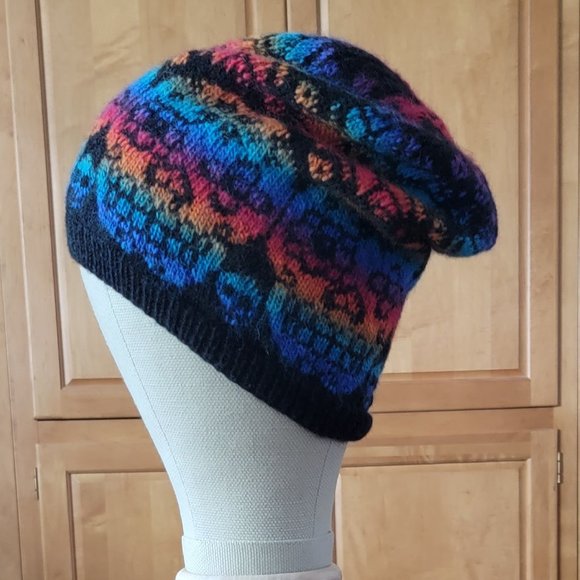 Hand Crafted Hand Knit Sugar Skull 💀 Slouchy Beanie Hat - Rainbow Colors - Picture 5 of 5